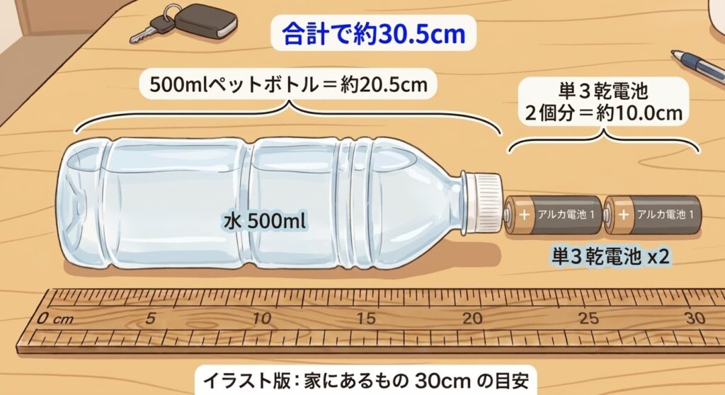 30cmの目安：ペットボトルと単3電池2本