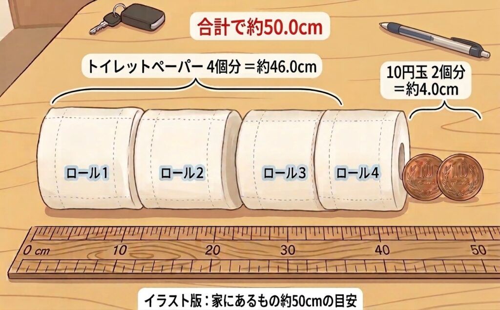 50cmの目安：トイレットペーパー4個と10円玉2枚